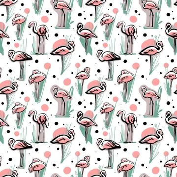 Seamless pattern. Pink flamingo at sunset, white background. Sketch by hand Stock-Illustration