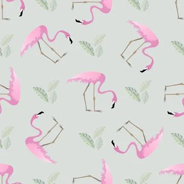 Seamless pattern with pink flamingos and palm leaves on abstract background.  Stock Illustration
