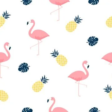 Seamless pattern with pink flamingos, pineapples and monstera leaves Stock Illustration