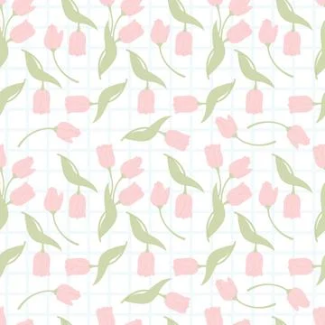 Seamless Pattern with Pink flower Tulips on Checkered White Background. Bot.. Stock Illustration