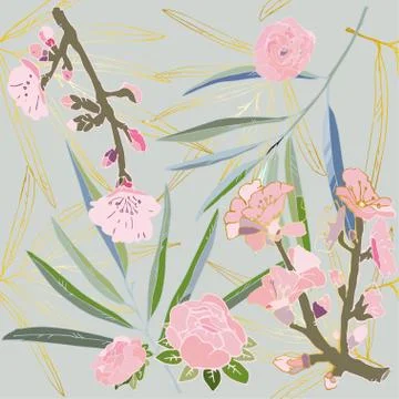 Seamless pattern with pink flowers and grey-green leaves on tender light back Stock Illustration