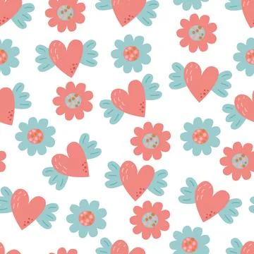 Seamless pattern with pink flowers and heart Stock Illustration