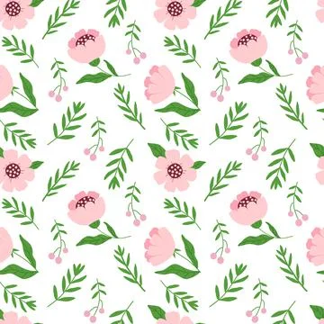 Seamless pattern with pink flowers and twigs on a white background. Simple Stock Illustration