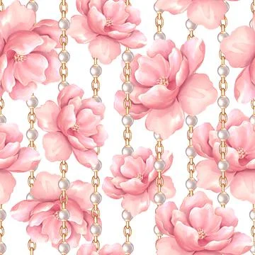 Seamless pattern, pink flowers and gold chains. Floral pattern, watercolor style Stock Illustration