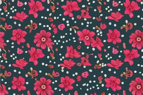 Seamless pattern with pink flowers and dots on dark blue background Stock Illustration