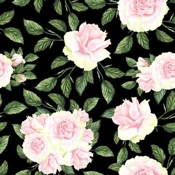Seamless pattern with pink flowers and leaves on black background, watercolor Stock Illustration