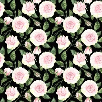 Seamless pattern with pink flowers and leaves on black background, watercolor Stock Illustration