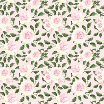 Seamless pattern with pink flowers and leaves on pink background, watercolor Stock Illustration