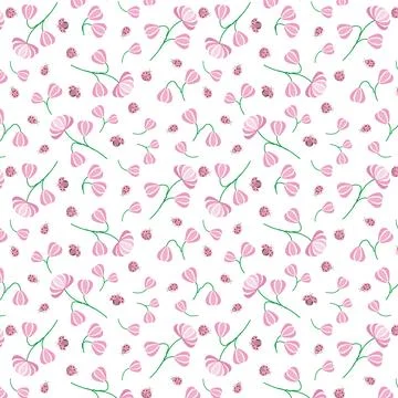 Seamless pattern with pink flowers and ladybugs Stock Illustration