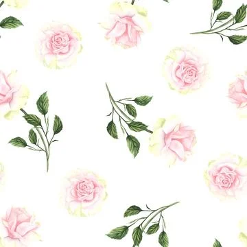 Seamless pattern with pink flowers and leaves on pink background, watercolor Stock Illustration