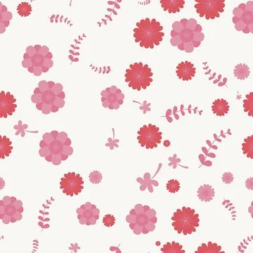 Seamless pattern with pink flowers and leaves isolated on white background Illustration
