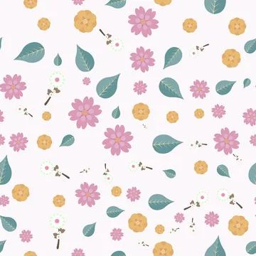 Seamless pattern with pink flowers and green leaves Stock Illustration