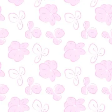 Seamless pattern of pink flowers and outlined petals on white in a light hand Stockillustratie