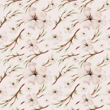 Seamless pattern with pink flowers cherry blossom and leaves on gray background Stock Illustration