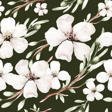 Seamless pattern with pink flowers cherry blossom and leaves on gray background Stock Illustration