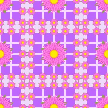 Seamless pattern of pink flowers with green leaves and ribbons on a violet ab Stock Illustration