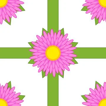 Seamless pattern of pink flowers with green ribbons and leaves on a white bac Stock Illustration
