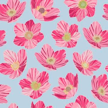 Seamless pattern pink flowers, light blue background, pop art style Illustrazione stock
