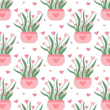 Seamless pattern with pink flowers in a pot. Stock Illustration
