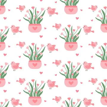 Seamless pattern with pink flowers in a pot. Stock Illustration