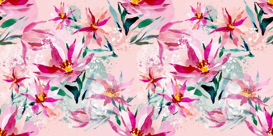 Seamless pattern with pink flowers on a soft pink background. Floral watercolor Illustrazione stock