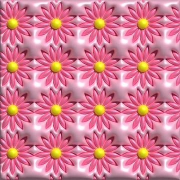 Seamless pattern of pink flowers with a yellow center on a glossy pink back.. Stock Illustration