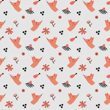 Seamless pattern pink fox with flowers and chicken leg on a gray background Stock Illustration