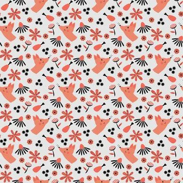 Seamless pattern pink fox with flowers and chicken leg on a gray background Stock Illustration