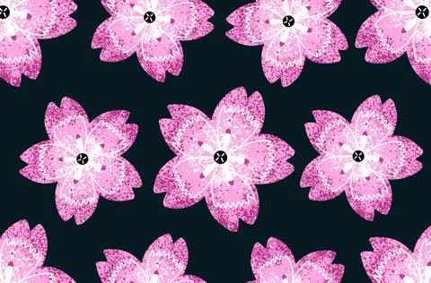 Seamless pattern. Pink geometric flowers with texture on a black background. Stock Illustration