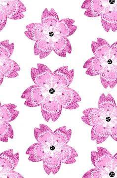 Seamless pattern. Pink geometric stylized flowers with texture on a white Stock Illustration