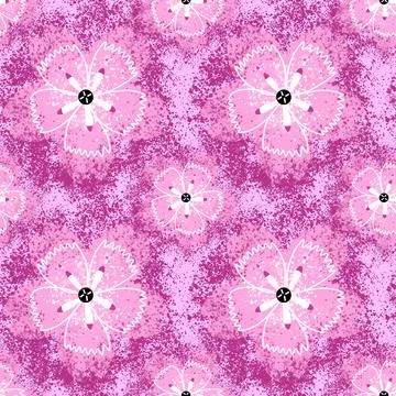 Seamless pattern. Pink geometric stylized flowers with a splash texture on a Stock Illustration