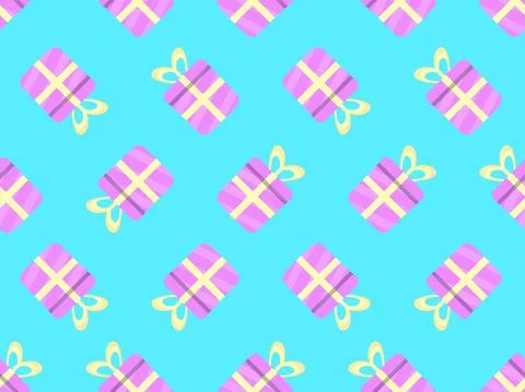 Seamless pattern with pink gift boxes with yellow ribbon on a blue background 스톡 일러스트