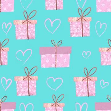 Seamless pattern with pink gift boxes and hand drawn hearts on blue background. Stock Illustration