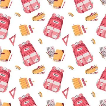 Seamless Pattern with Pink Girls Backpack, Notebook and Pencil Case. Background 库存插图