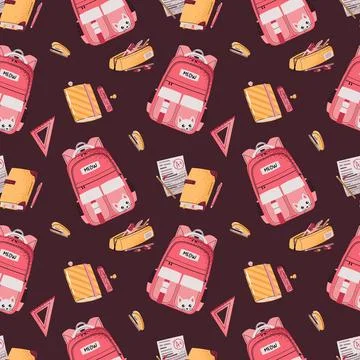Seamless Pattern with Pink Girls Backpack, Notebook and Pencil Case. Background 스톡 일러스트