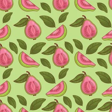 Seamless Pattern Pink Guava fruit with leaves on green Background. Vector i.. Stock Illustration