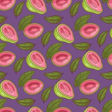 Seamless Pattern Pink Guava Fruit on purple Background with leaves. Vector .. 스톡 일러스트