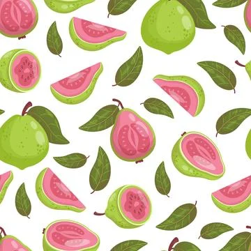 Seamless Pattern Pink Guava Fruit Tree on White Background with leaves. Vec.. 스톡 일러스트