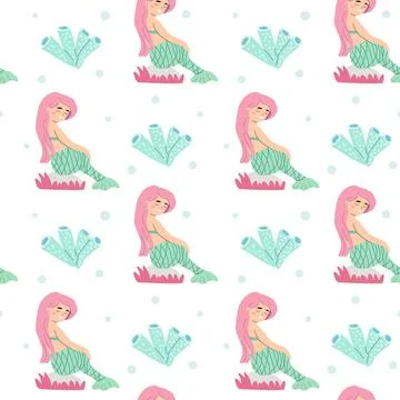 Seamless pattern of pink-haired mermaid with sea elements Stock Illustration