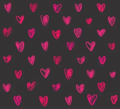 Seamless pattern with pink hand drawn hearts on dark grey background Stock Illustration