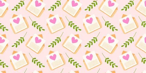 Seamless pattern with pink heart greeting card, green leaf and envelope for Stock Illustration