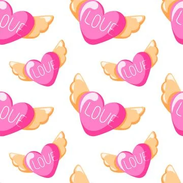 Seamless pattern with pink heart with wings and the word love in flat style Stock Illustration