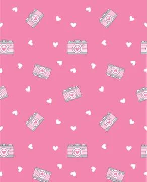 Seamless pattern of pink hearts and camera Stock Illustration