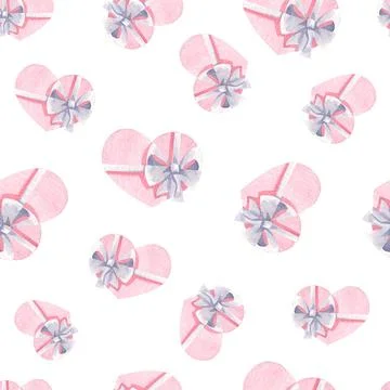 Seamless pattern with pink hearts and bows. Watercolor background for design, Stock Illustration