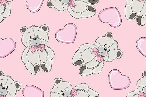 Seamless pattern with pink hearts and teddy bears. Vector graphics. Stock Illustration