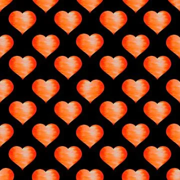 Seamless pattern with pink hearts on a black background. Watercolor illustrat 스톡 일러스트