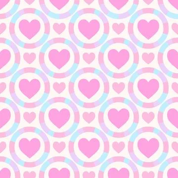Seamless pattern with pink hearts centered within colorful pastel rings on .. Stock Illustration
