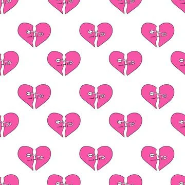 Seamless Pattern with pink hearts in emo style. Y2k. Broken heart with pin. Stock Illustration