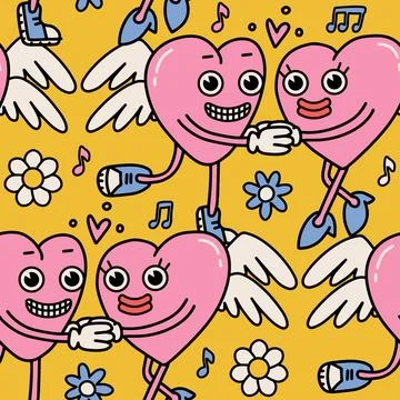 Seamless pattern with pink hearts madcots with wings. Valentine s day repeating Illustrazione stock