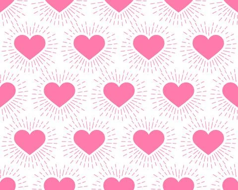 Seamless pattern. Pink Hearts with rays on a white background. Vector Stock Illustration